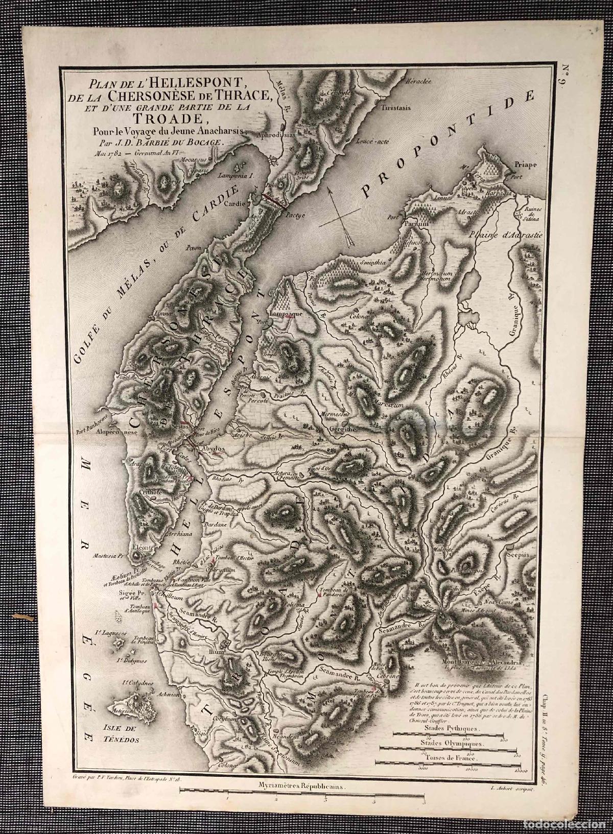 Arte: MAPA PLAN DE L'HELLESPONT, DE LA CHERSON&Egrave;SE DE THRACE POUR LE VOYAGE DU JEUNE ANACHARSIS
