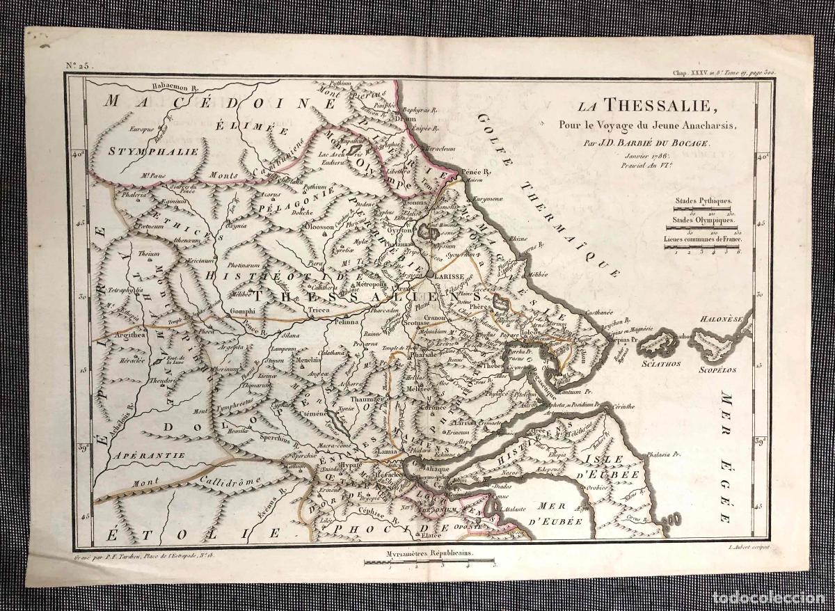 Arte: MAPA LA THESSALIE POUR LE VOYAGE DU JEUNE ANACHARSIS PAR J.D. BARBIE DU BOCAGE 1786