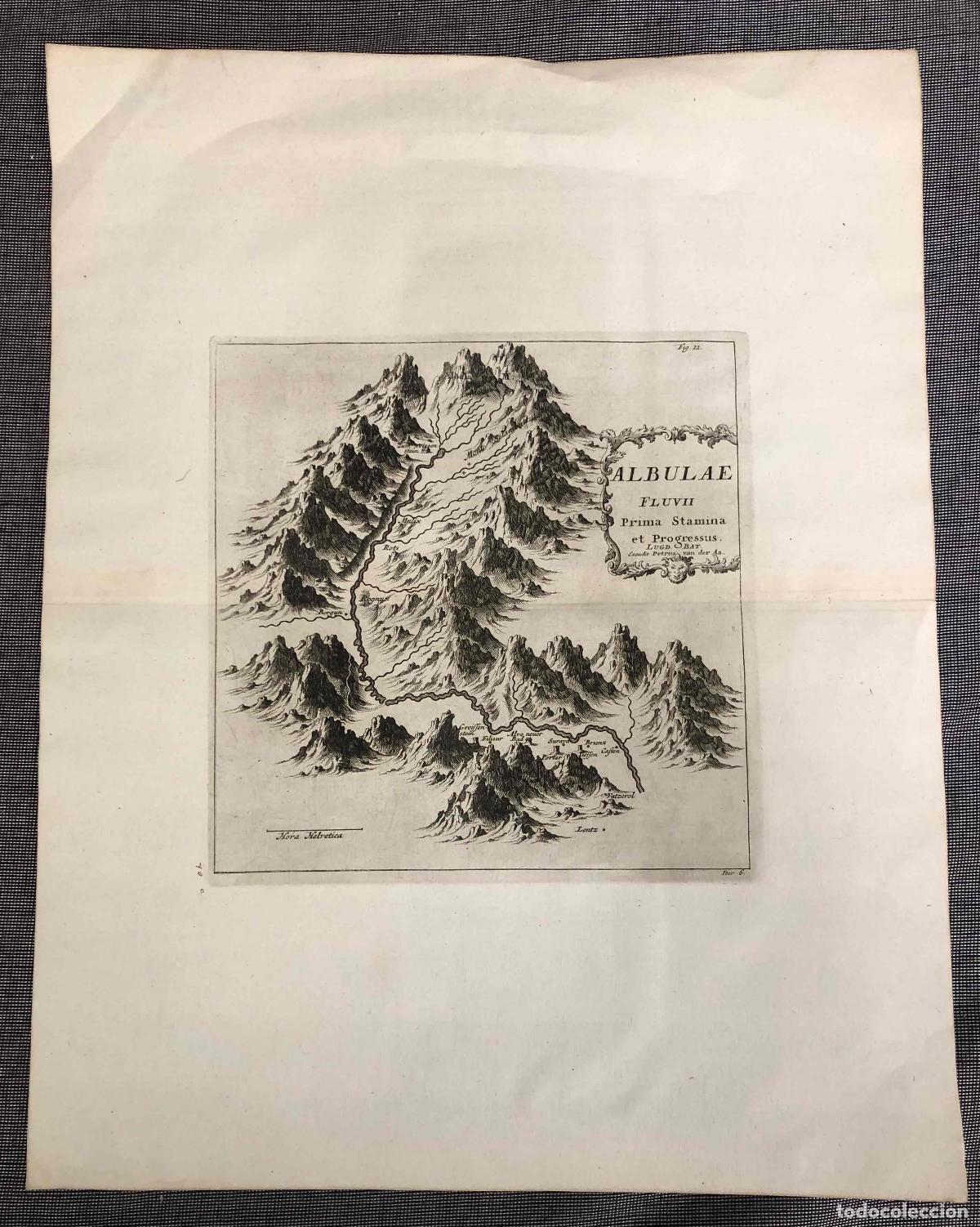 Arte: MAPA ALBULAE FLUVII PRIMA STAMINA ET PROGRESSUS. EXECUDIT PETRUS VAN DER AA. SUIZA. C.1710