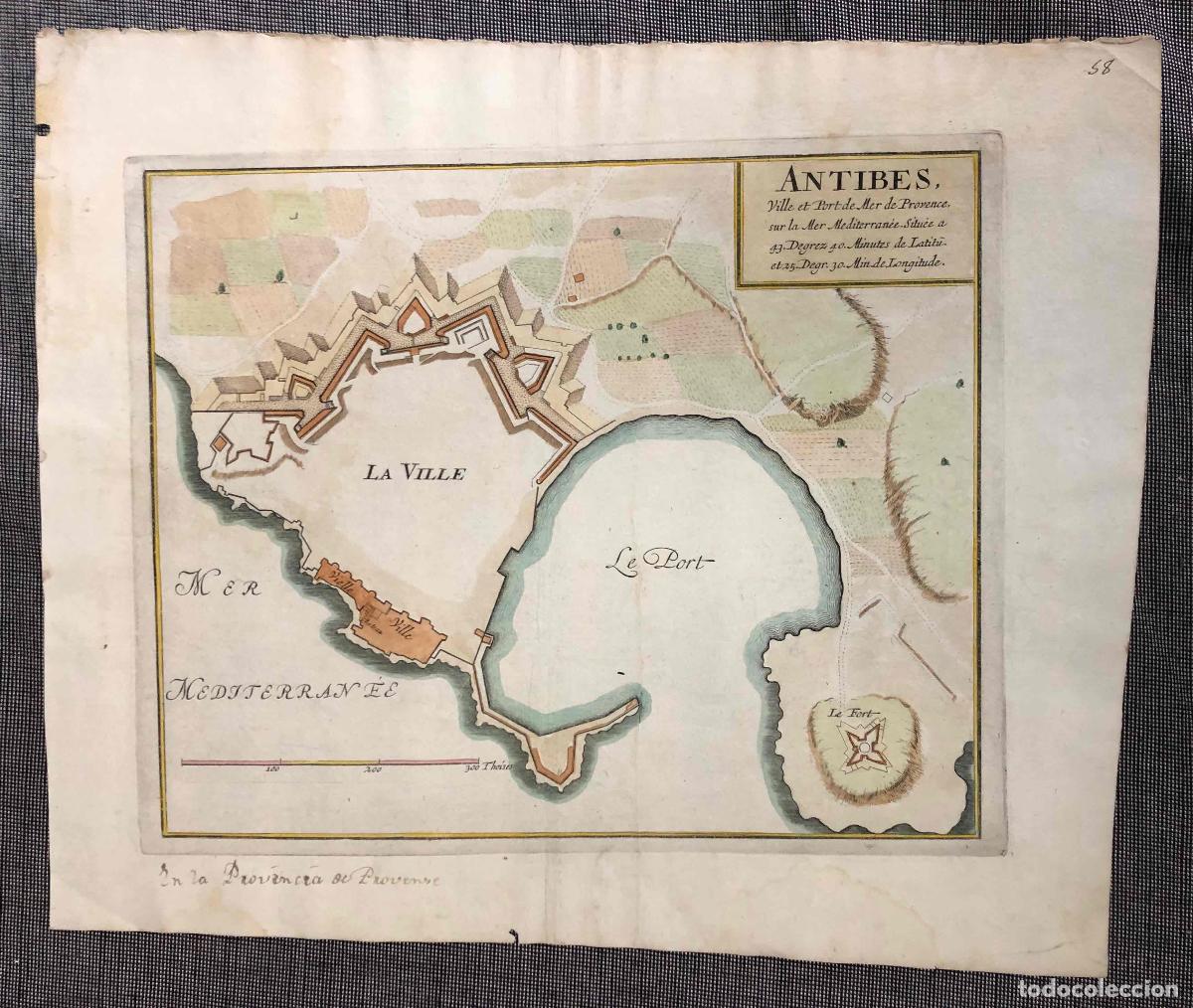 Arte: MAPA ANTIBES. VILLE ET PORT DE MER DE PROVENCE. COLOREADO A MANO