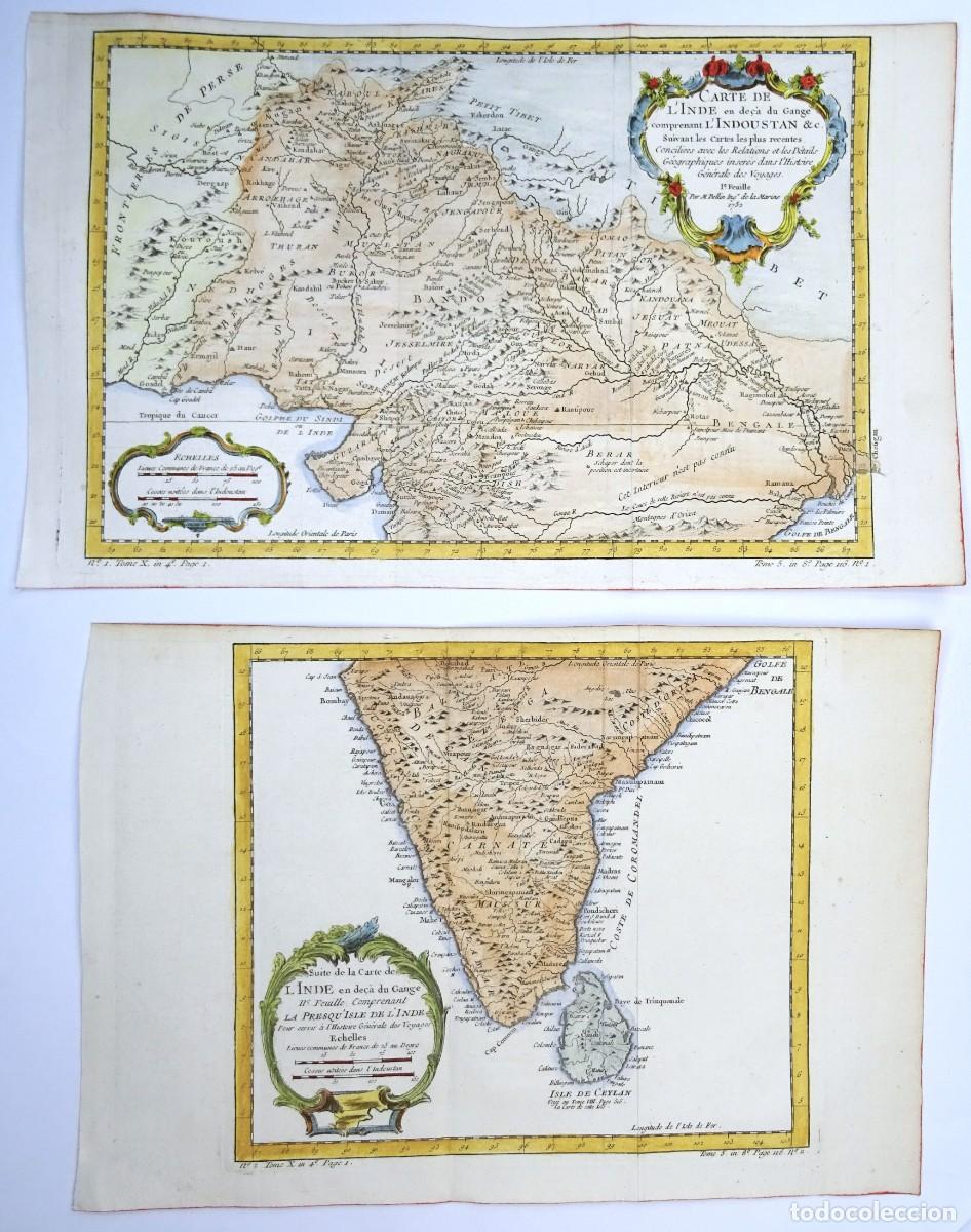 Arte: India, Sri Lanka, 2 mapas Bellin, 1752, Carte de l&acute;Inde ...l&acute;Indoustan / Suite de la Carte de l&acute;Inde