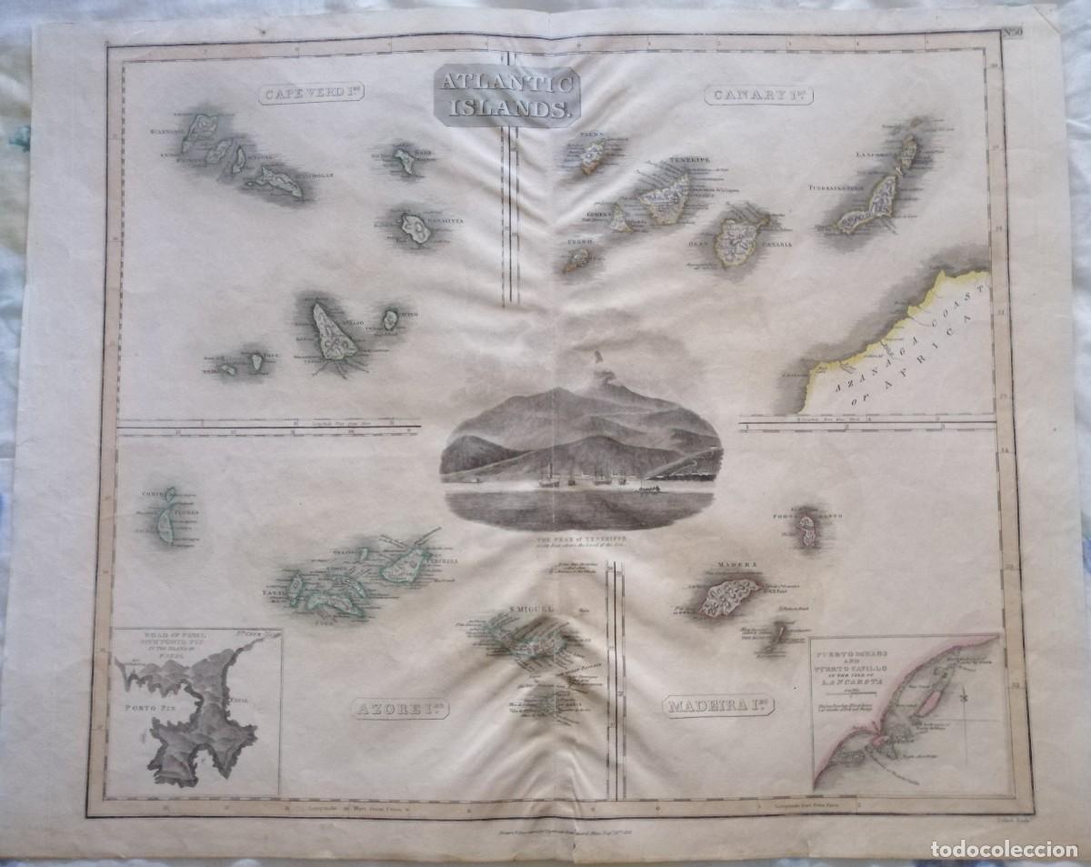 Arte: CLERK. MAPA ORIGINAL 1814: ATLANTIC ISLANDS: CABO VERDE-AZORES-CANARIAS-MADEIRA 54 X 68 CM.