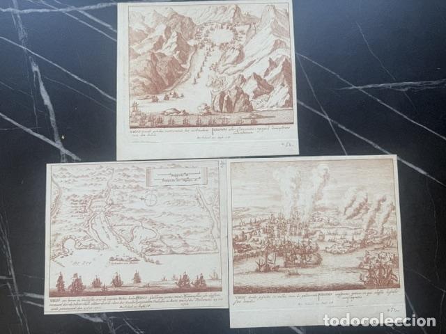 Arte: Tres grabados de la batalla naval de Vigo o Rande (Pontevedra, Espa&ntilde;a, hacia 1715. Peter Schenk