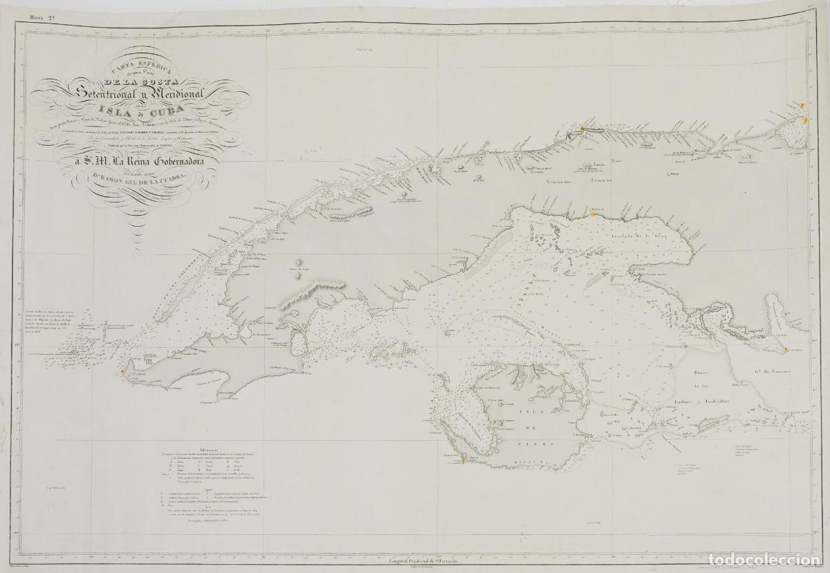 Kunst: Carta Esferica de una Parte de la costa Setentrional y Meridional de la Isla de Cuba - Laborde y Nav
