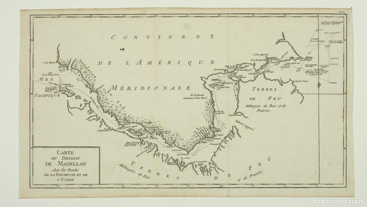 Art: Carte du D&eacute;troit de Magellan Avec les Routes de la Boudeue et de l'Etoile - Bougainville