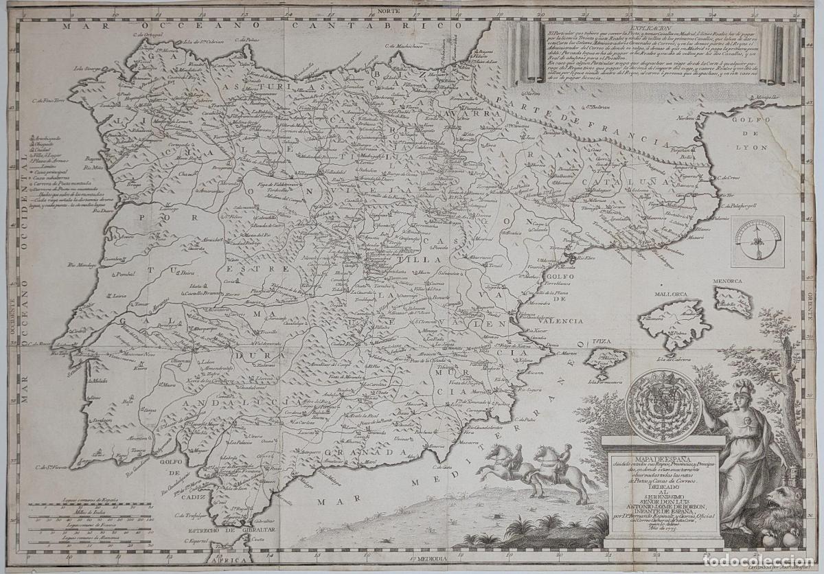 Arte: Mapa de Espa&ntilde;a dividido en todos sus Reynos, Provincias y Principados&hellip; Postas y Caxas de Correos. -