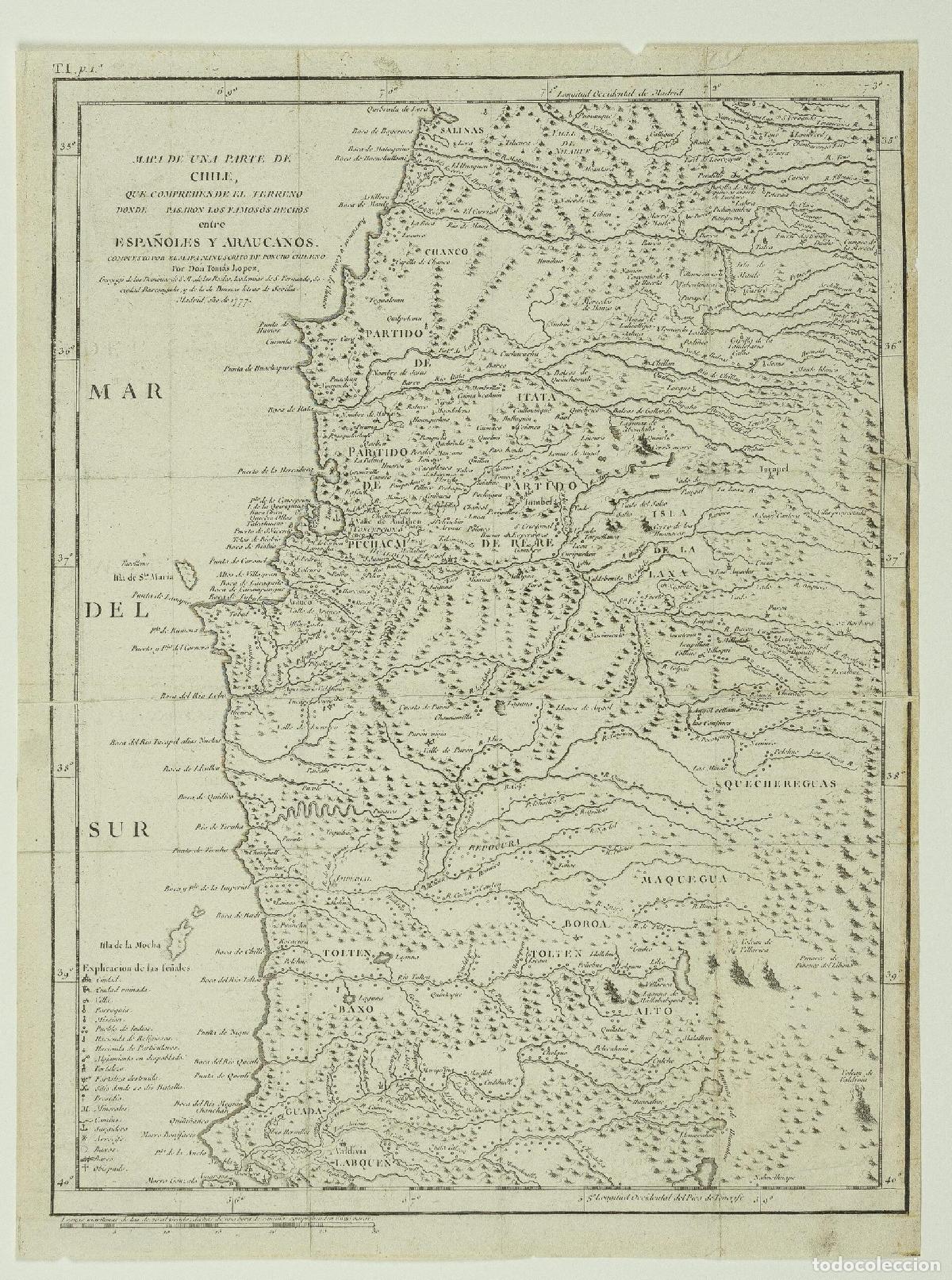 Arte: Mapa de una parte de Chile&hellip; Espa&ntilde;oles y Araucanos - L&oacute;pez, Thom&aacute;s