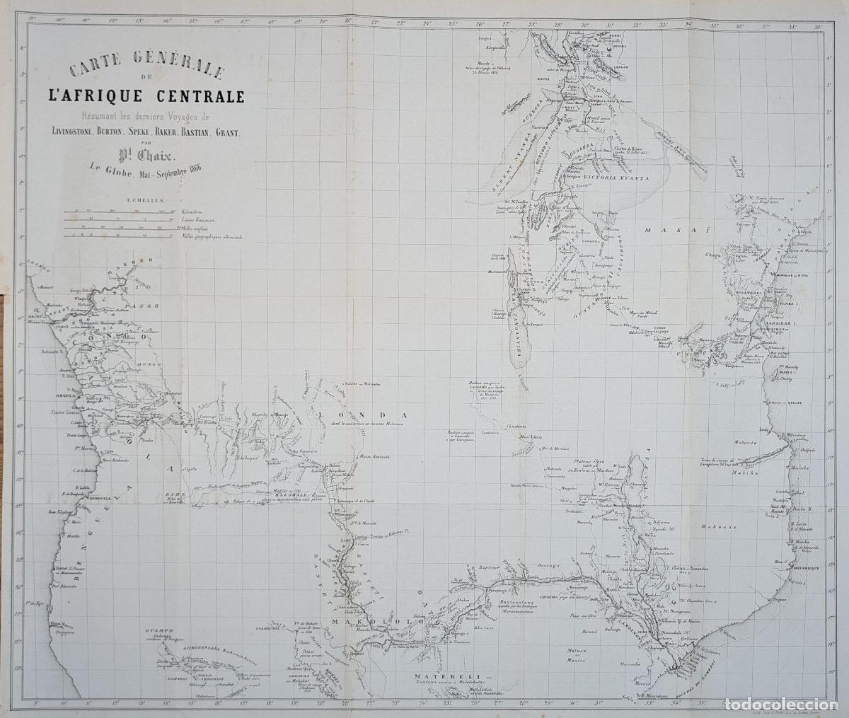 Arte: Carte G&eacute;n&eacute;rale de l'Afrique centrale r&eacute;sumant les derniers Voyages de Livingstone, Burton, Speke, Ba