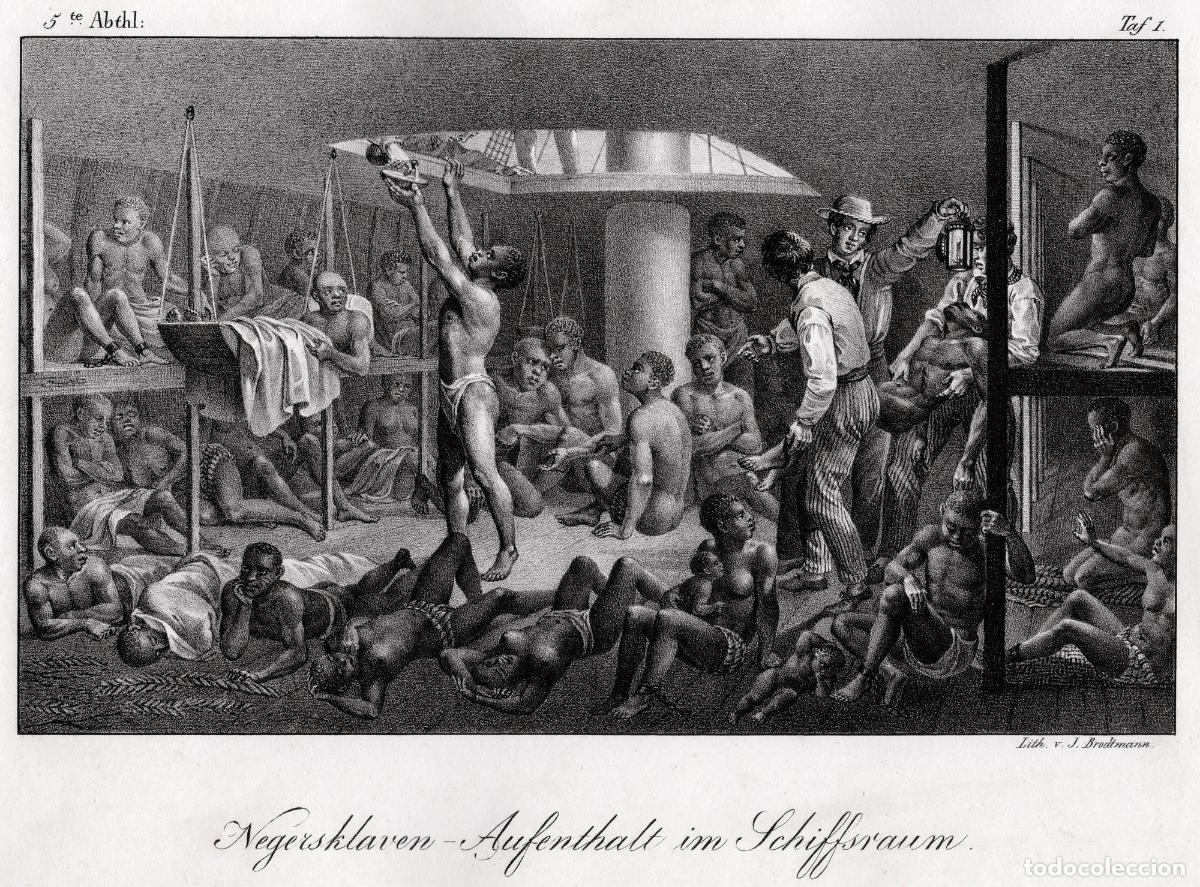 Arte: Negersklaven Aufenthalt im Schiffsraum [Black slaves confined in the ship's hold] [Slave trade, Bras