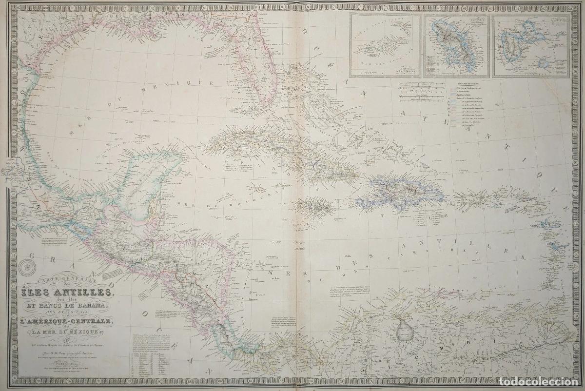 Arte: Mapa de las Antillas, Bahamas y golfo de M&eacute;xico: Carte G&eacute;n&eacute;rale des &Icirc;les Antilles, des &icirc;les et bancs