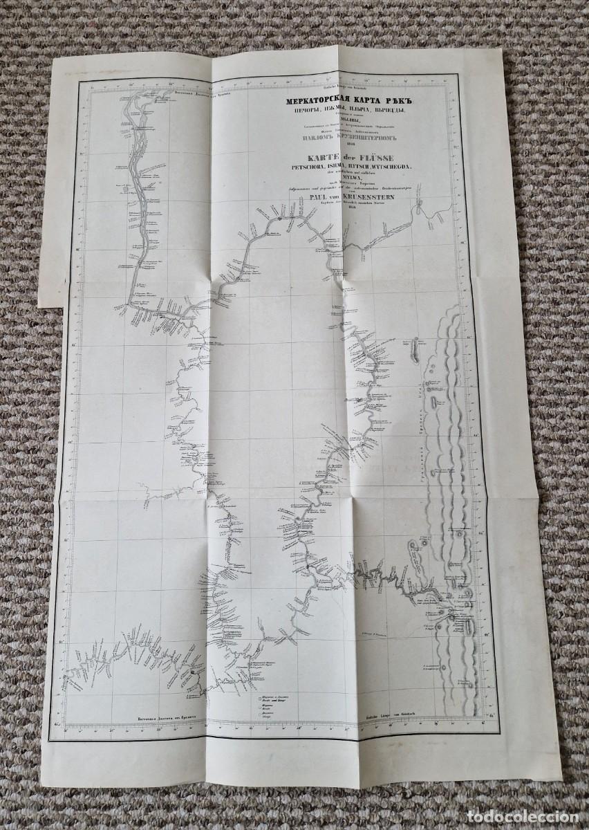 Arte: Paul von Krusenstern - Mapa de los R&iacute;os Pechora y Vychegda - Rusia - 1846 - Biling&uuml;e