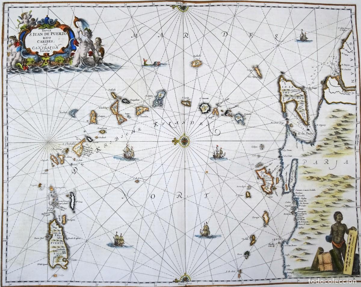 Arte: Mar Caribe, Puerto Rico, Antillas.. Janssonius, 1657, Insula S. Juan de Puerto Rico Caribes vel..