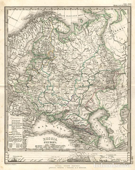 Arte: MAPA DE LA RUSIA ZARISTA EUROPEA EN 1865, JUSTUS PERTHES, GRABADO COBRE. CARTOGRAF&Iacute;A, IMPERIO RUSO