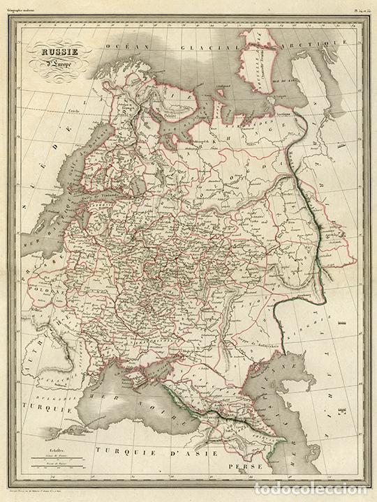 Arte: MAPA DE LA RUSIA EUROPEA, DE MALTE-BRUN, 1837. GRABADO AL ACERO, COLOREADO A MANO. Grab&oacute; THIERRY