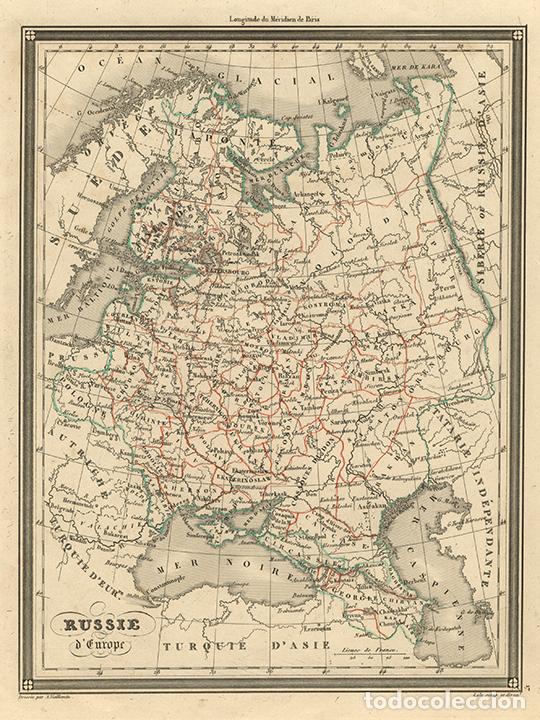 Arte: MAPA DEL IMPERIO RUSO DE EUROPA, DE 1845, POR VUILLEMIN. GRABADO AL ACERO, COLOREADO A MANO. RUSIA