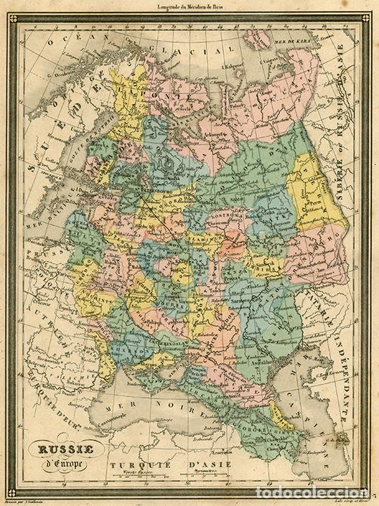 Arte: MAPA DEL IMPERIO RUSO DE EUROPA, DE 1850, POR VUILLEMIN. GRABADO AL ACERO, COLOREADO A MANO. RUSIA