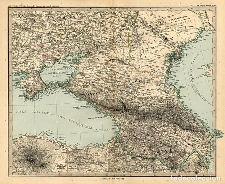 Arte: MAPA (GRABADO COBRE DE 1889) DEL C&Aacute;UCASO RUSO Y MAR NEGRO ORIENTAL, FRONTERAS RUSIA. STIELER&rsquo;S
