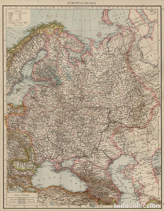Arte: MAPA DE LA RUSIA EUROPEA ZARISTA, DE 1895. LITOGRAF&Iacute;A COLOREADA DE LA 1&ordf; EDICI&Oacute;N DEL TIMES ATLAS