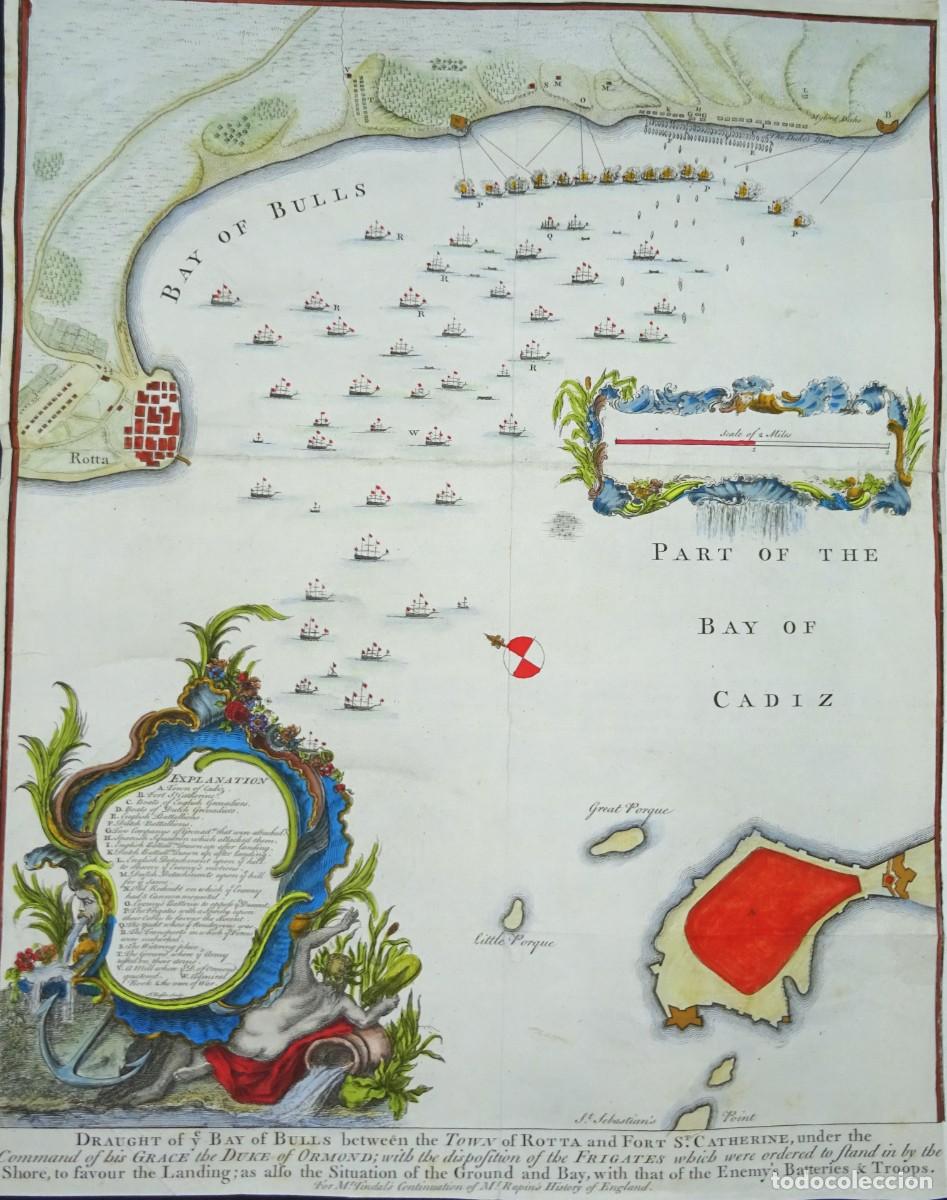 Arte: C&aacute;diz, Rota, Tindal/Rapin/Basire, 1745, Draught of ye Bay of Bulls between the Town of Rotta and Fo