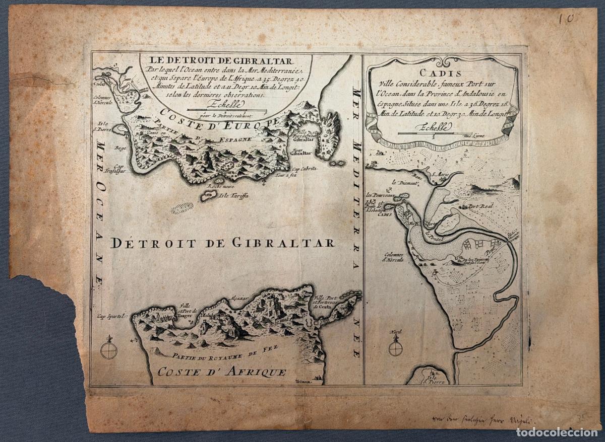 Arte: Nicolas de Fer 1696 &ndash; Gibraltar & C&aacute;diz &ndash; mapa grabado original S. XVII &ndash; Filigrana