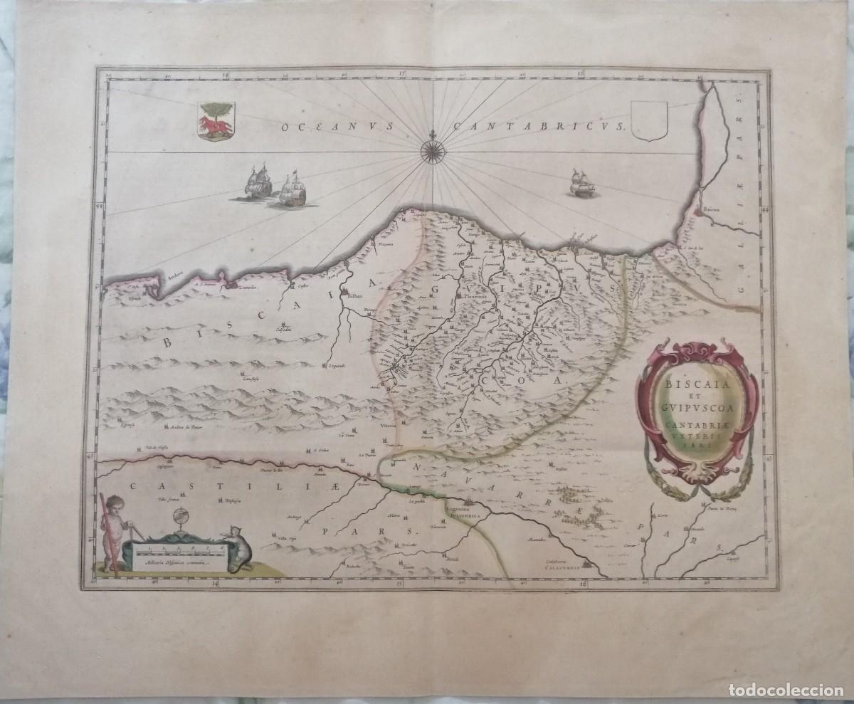 Arte: BLAEU MAPA PA&Iacute;S VASCO Y CANTABRIA.HACIA 1650: BISCAIA ET GVIPVSCOA CANTABRIAE VETERIS PARS. 61X50 CM