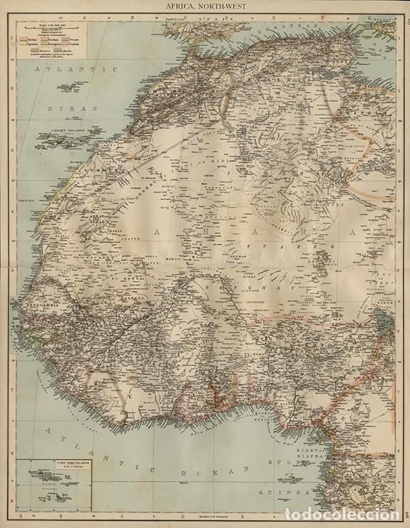 Arte: MAPA DE &Aacute;FRICA NOROCCIDENTAL, DE 1895. LITOGRAF&Iacute;A COLOREADA DE LA PRIMERA EDICI&Oacute;N DEL TIMES ATLAS