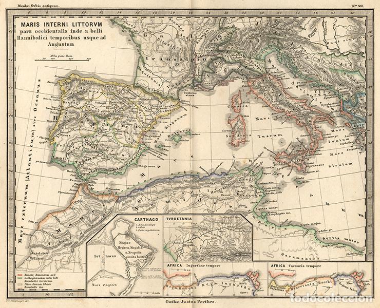 Arte: MAPA DEL MARE NOSTRUM ROMANO Y CARTAGIN&Eacute;S, DE 1866, THEODOR MENKE, GRABADO COBRE, COLOREADO MANO