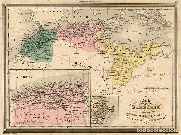 Arte: MAPA DEL MAGREB (MARRUECOS, ARGELIA, T&Uacute;NEZ...), 1850, VUILLEMIN. GRABADO AL ACERO, COLOREADO A MANO