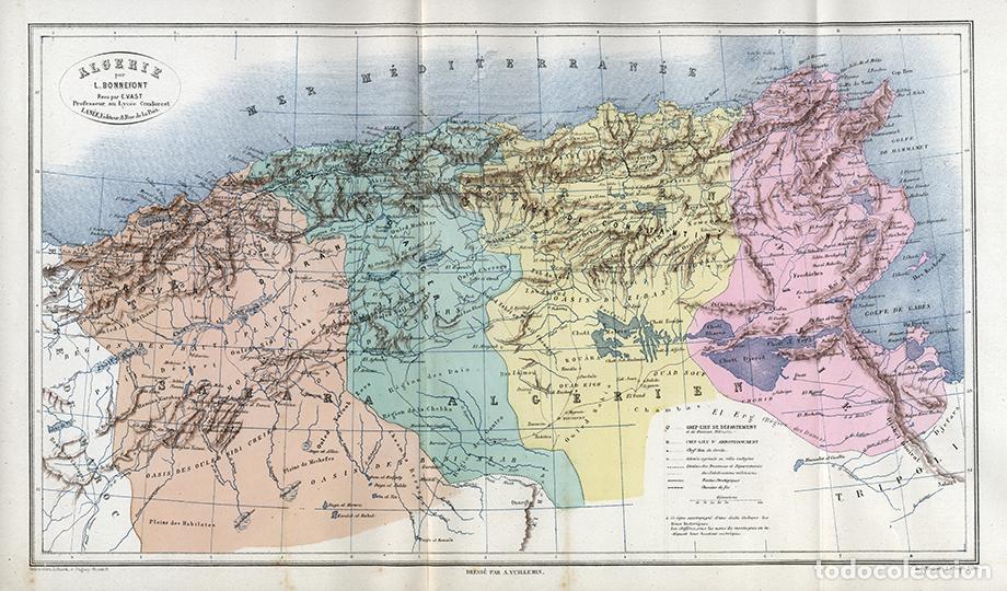 Arte: MAPA DE ALGERIA Y T&Uacute;NEZ EN 1884, VUILLEMIN & BONNEFONT, LITOGRAF&Iacute;A. CARTOGRAF&Iacute;A, PANOR&Aacute;MICA