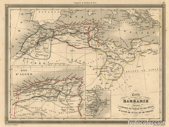 Arte: MAPA DEL MAGREB (MARRUECOS, ARGELIA, T&Uacute;NEZ...), 1845, VUILLEMIN. GRABADO AL ACERO, COLOREADO A MANO
