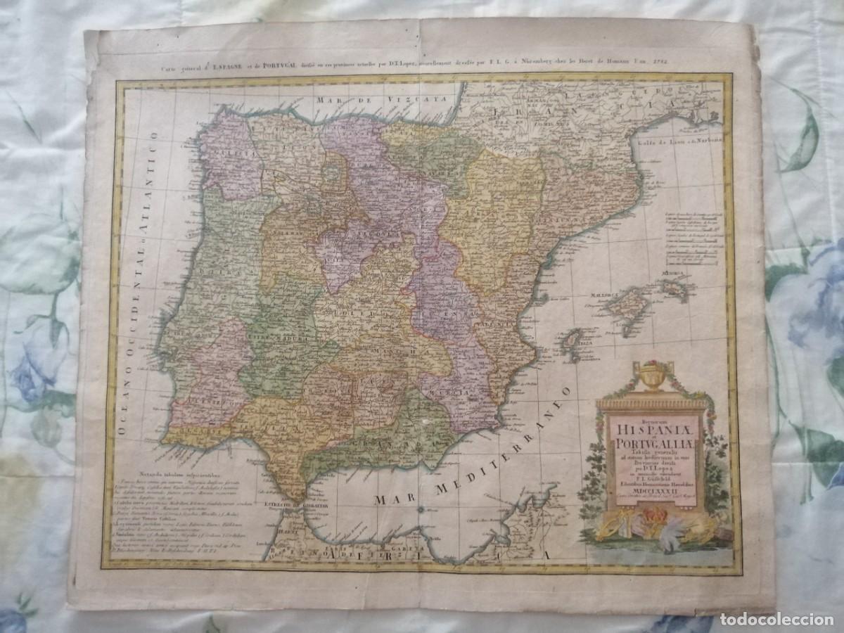 Arte: HOMANN HEIRS: MAPA DE ESPA&Ntilde;A Y PORTUGAL FECHADO 1782.COLOREADO DE &Eacute;POCA.63 X 54 CM.