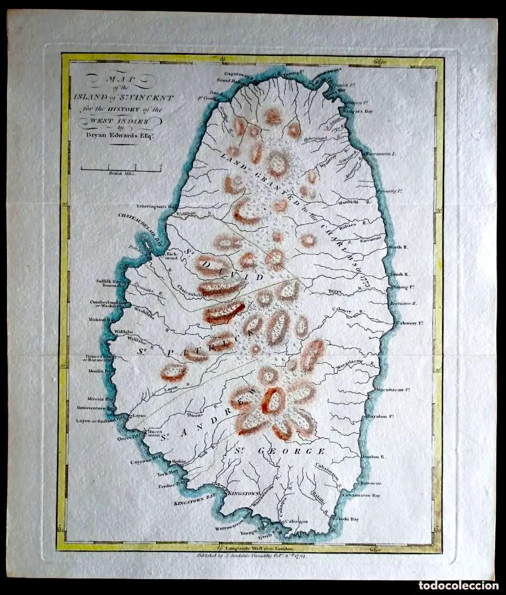 Kunst: Mapa antiguo Isla de san Vicente Caribe con certif. autent. Mapas antiguos Caribe