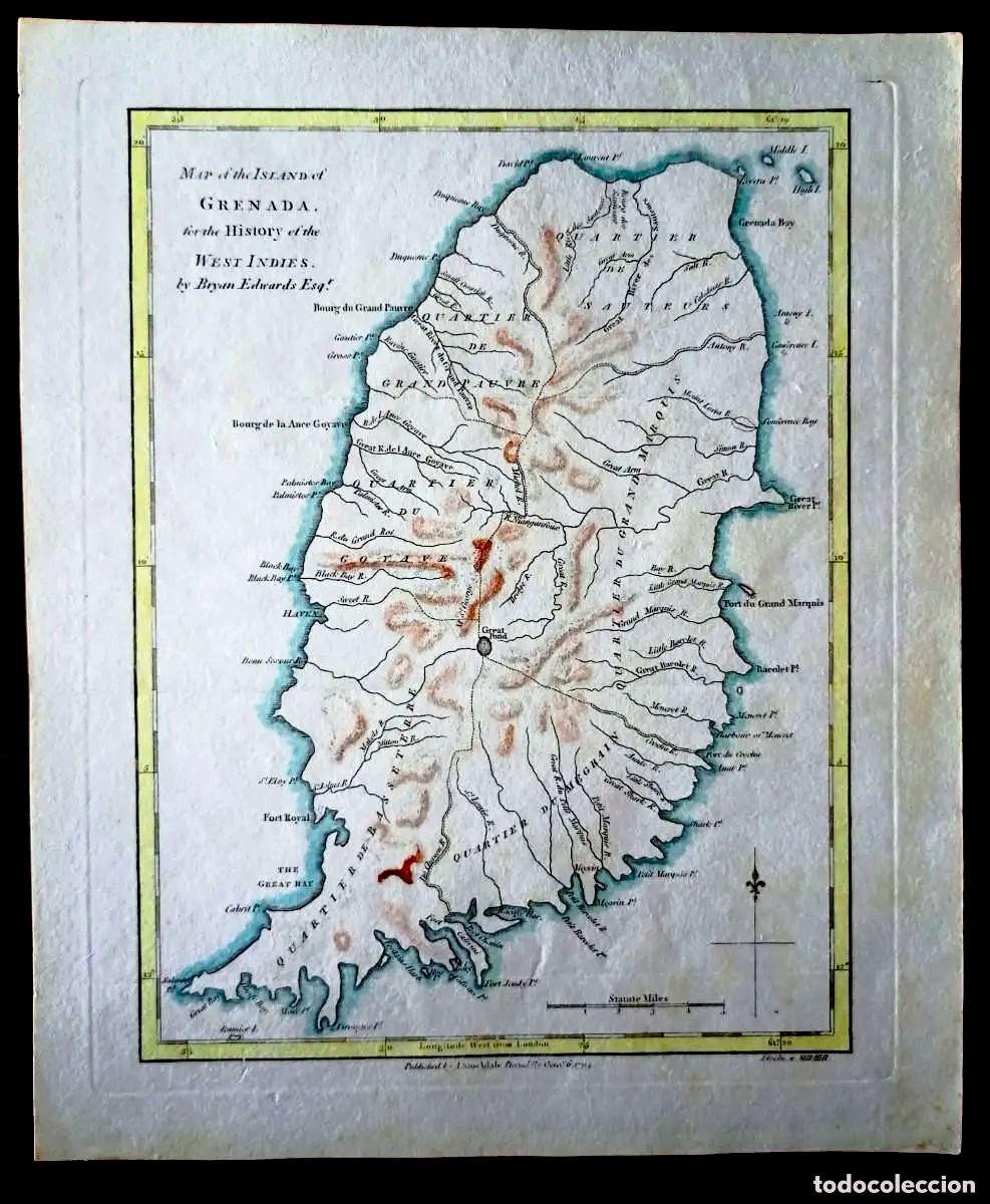 Kunst: Mapa antiguo Isla de Granada Caribe con certif. autent. Mapas de America Caribe