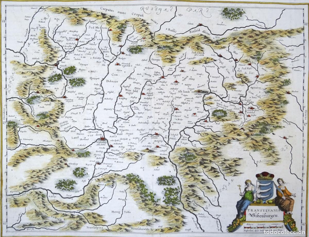 Arte: Rumania, Transilvania, mapa por W. Blaeu, 1635, Transylvania Sibenburgen