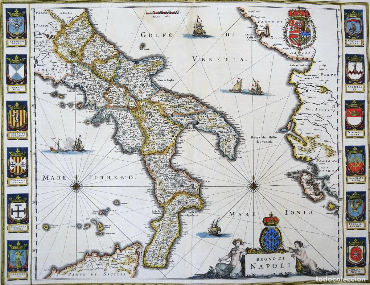Arte: Italia, Reino de Napoles... mapa por W. Blaeu, 1635, Regno di Napoli
