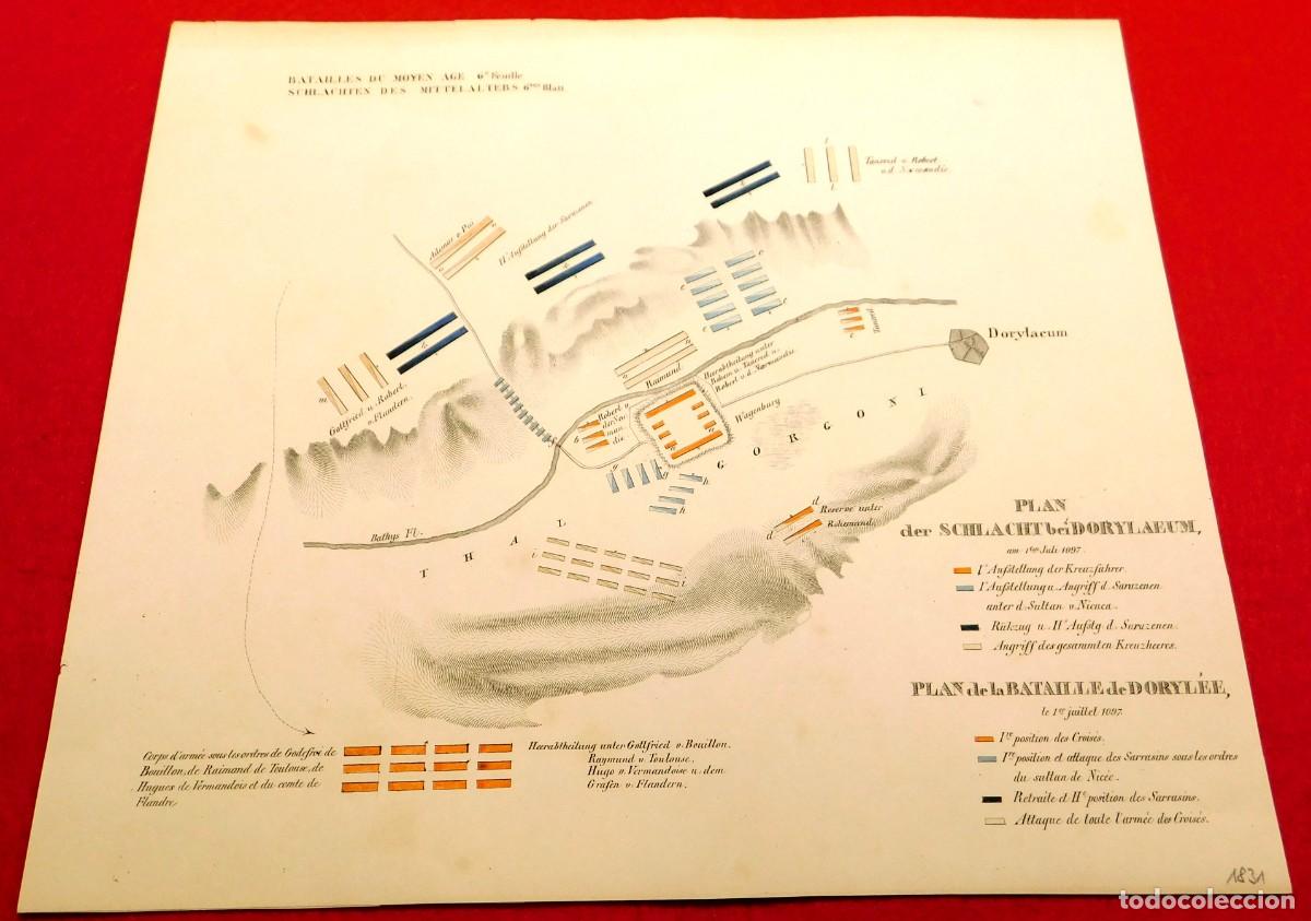 Arte: A&ntilde;o 1831 - Plan de la Bataille de Doryl&eacute;e, le 1er juillet 1097 - Litografia coloreada a mano