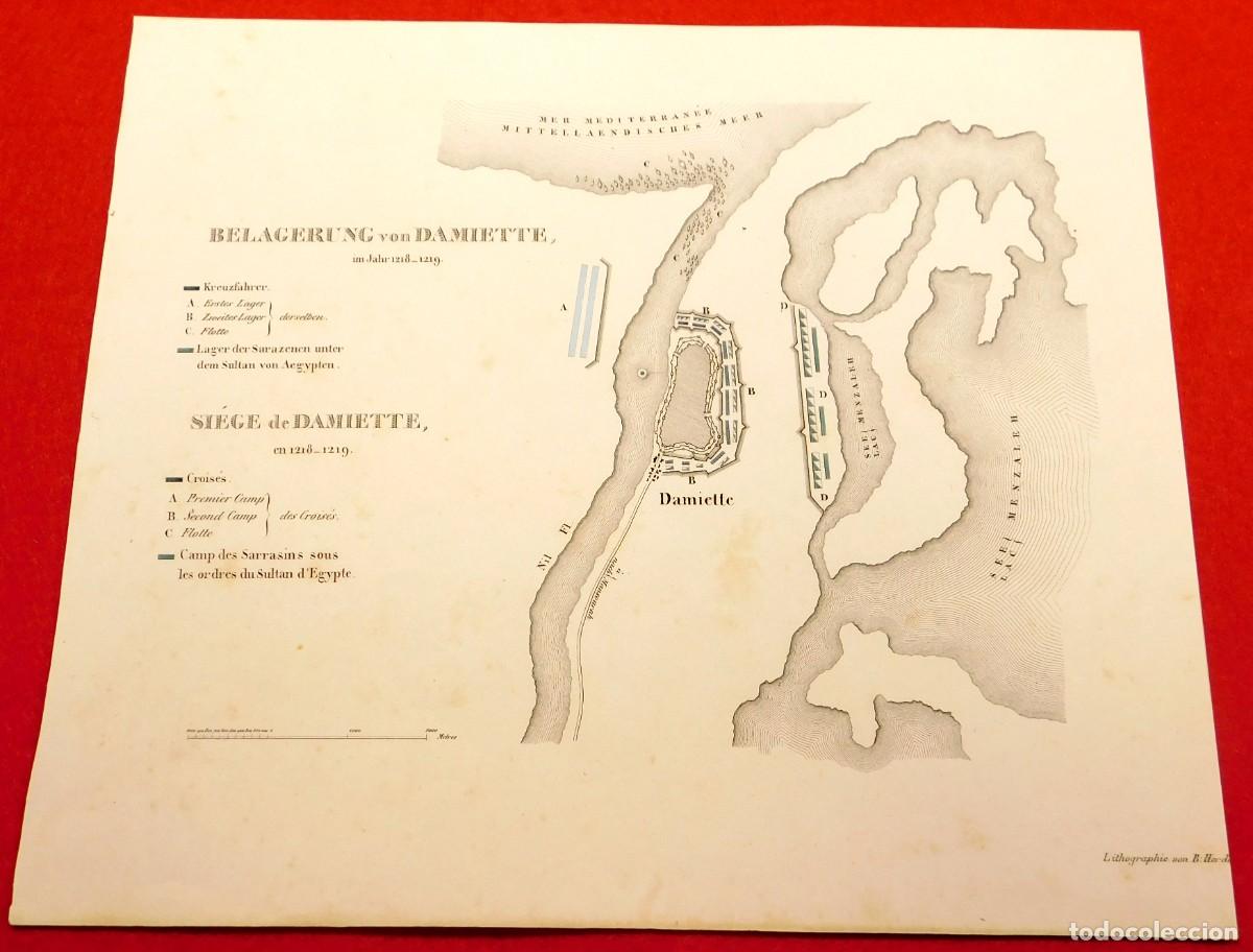 Arte: A&ntilde;o 1831 Litograf&iacute;a original - Sitio de Damieta 1218-1219 Quinta Cruzada - Coloreada a mano