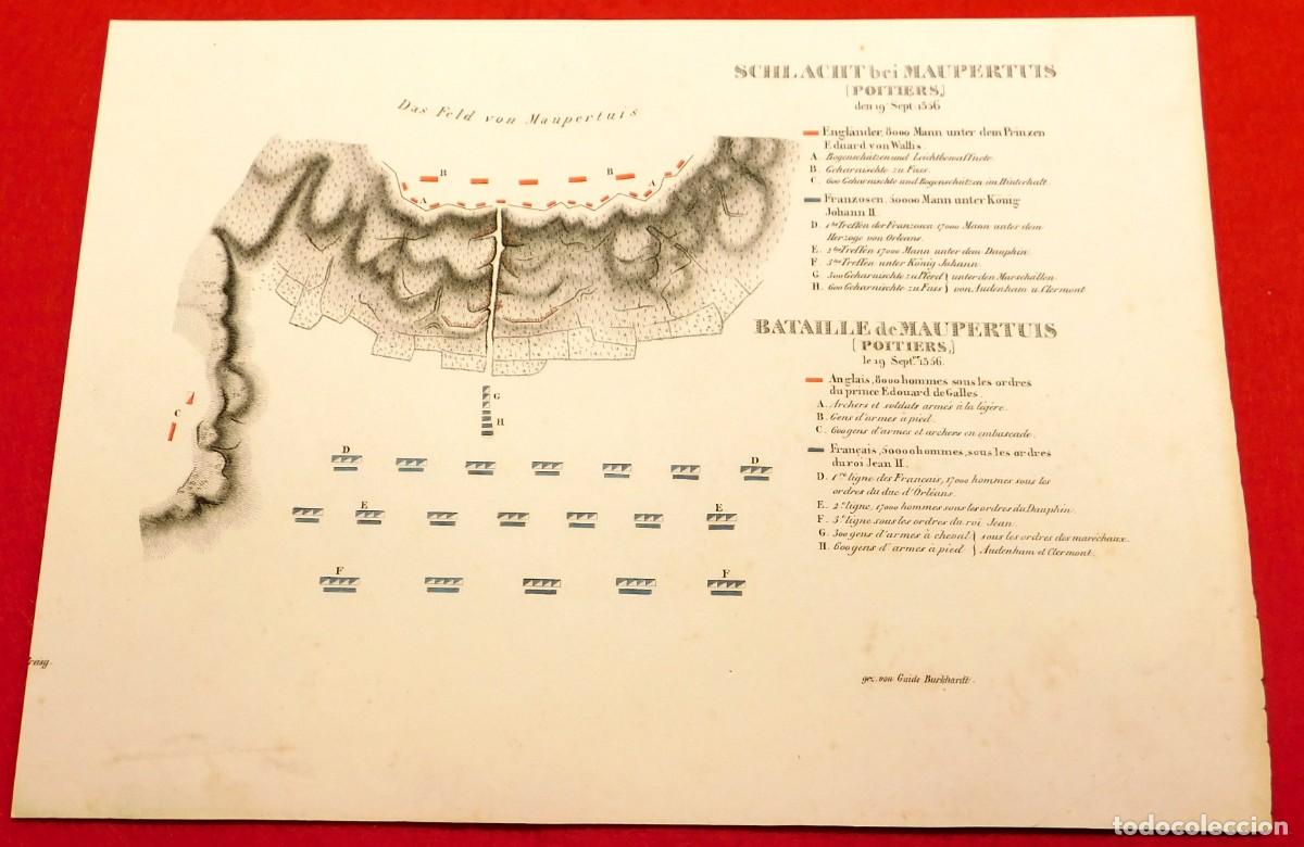 Arte: A&ntilde;o 1831 Litograf&iacute;a original Batalla de Maupertuis Poitiers 1356 Guerra de los 100 a&ntilde;os