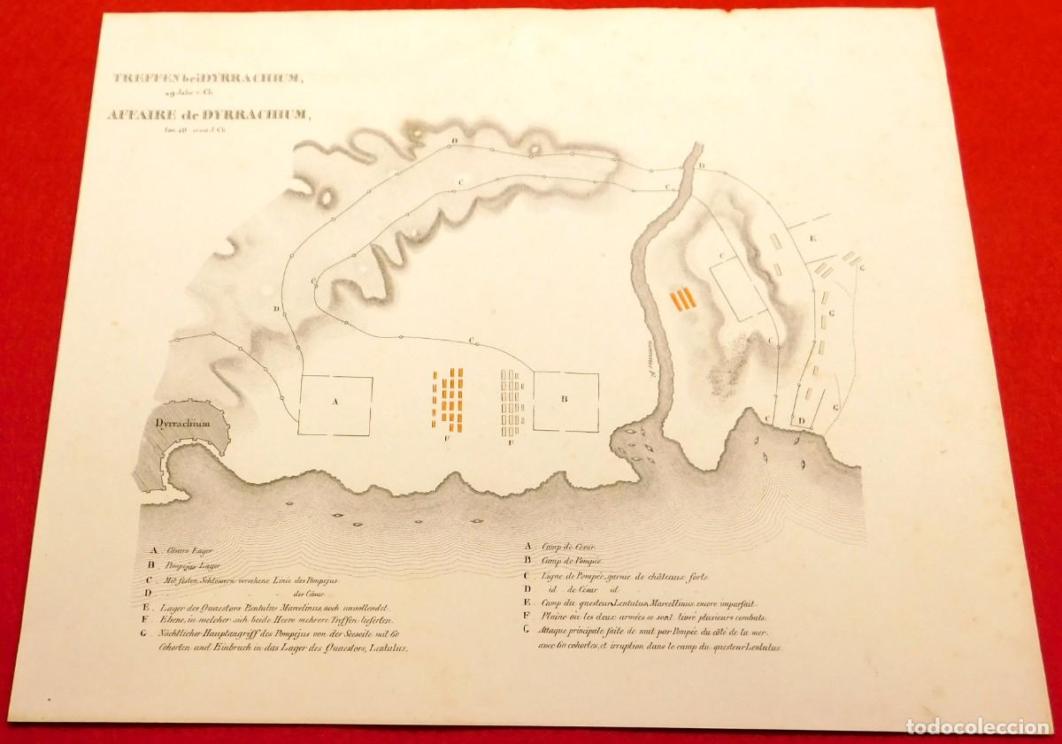 Arte: A&ntilde;o 1831 Litograf&iacute;a original Batalla de Dyrrachium 48 a.C. C&eacute;sar y Pompeyo - Coloreado a mano