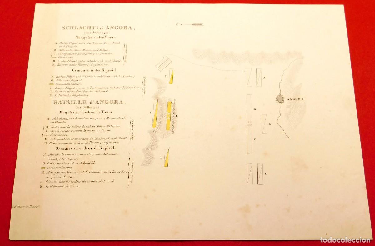 Arte: A&ntilde;o 1831 Litograf&iacute;a original Batalla de Angora 1402 Timur Tamerl&aacute;n y Bayaceto - Coloreado a mano