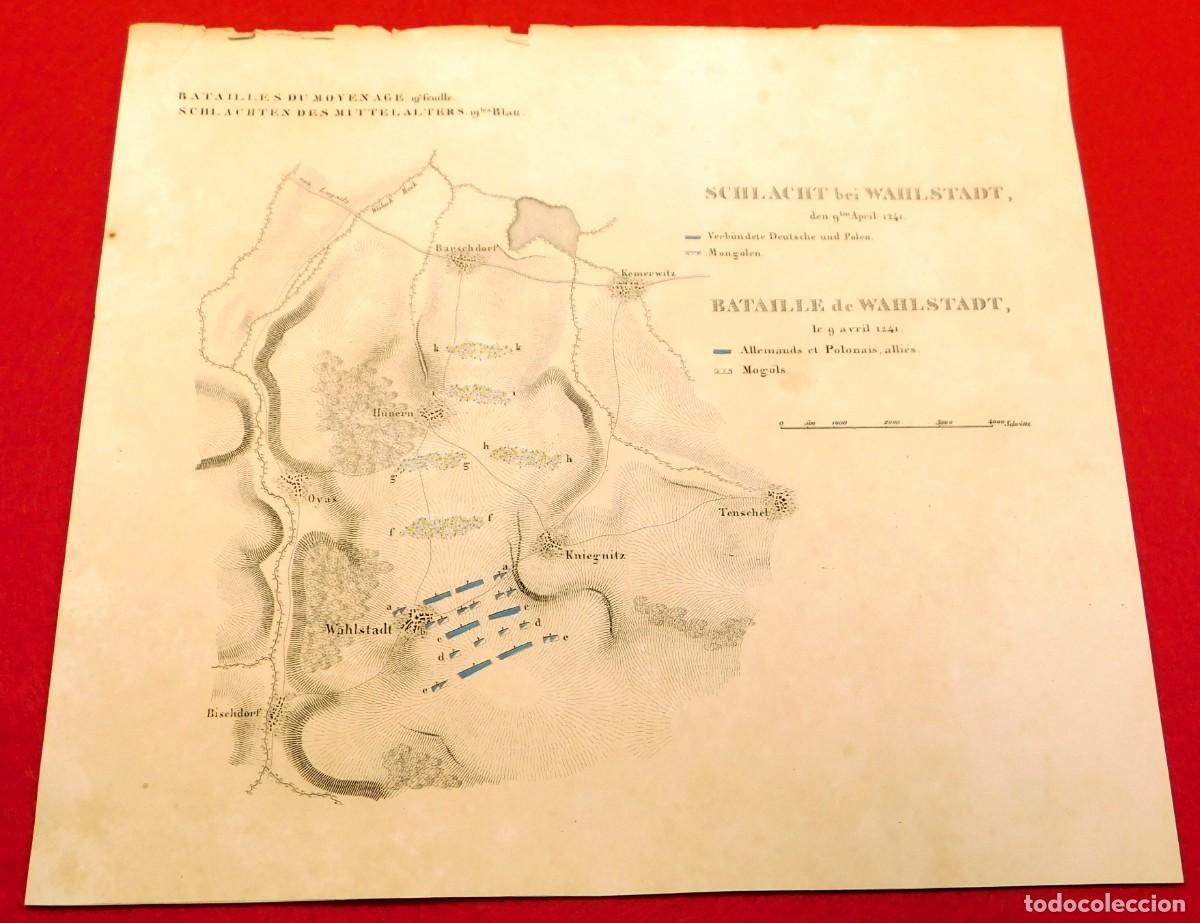 Arte: A&ntilde;o 1831 Litograf&iacute;a original Batalla de Wahlstatt 1241 Mongoles Polonia Alemania - Coloreado a mano