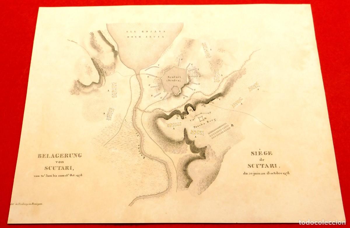 Arte: A&ntilde;o 1831 Litograf&iacute;a original Sitio de Scutari 1478 Albania Venecia Otomanos - Coloreado a mano