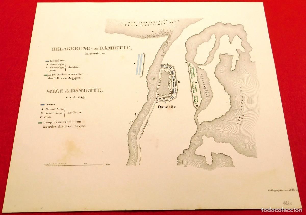 Arte: A&ntilde;o 1831 Litograf&iacute;a original Sitio de Damieta 1218-1219 Quinta Cruzada Egipto - Coloreado a mano