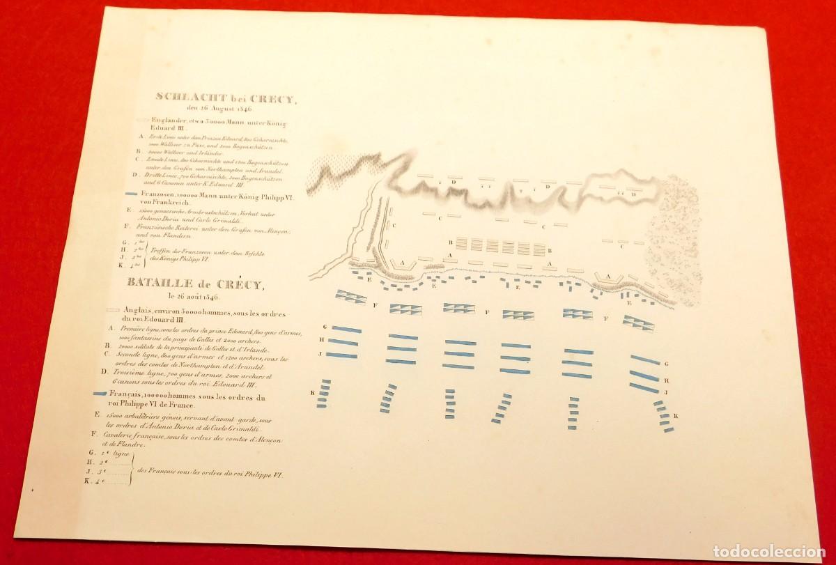 Arte: A&ntilde;o 1831 Litograf&iacute;a original Batalla de Cr&eacute;cy 1346 Eduardo III Felipe VI Guerra de los cien a&ntilde;os