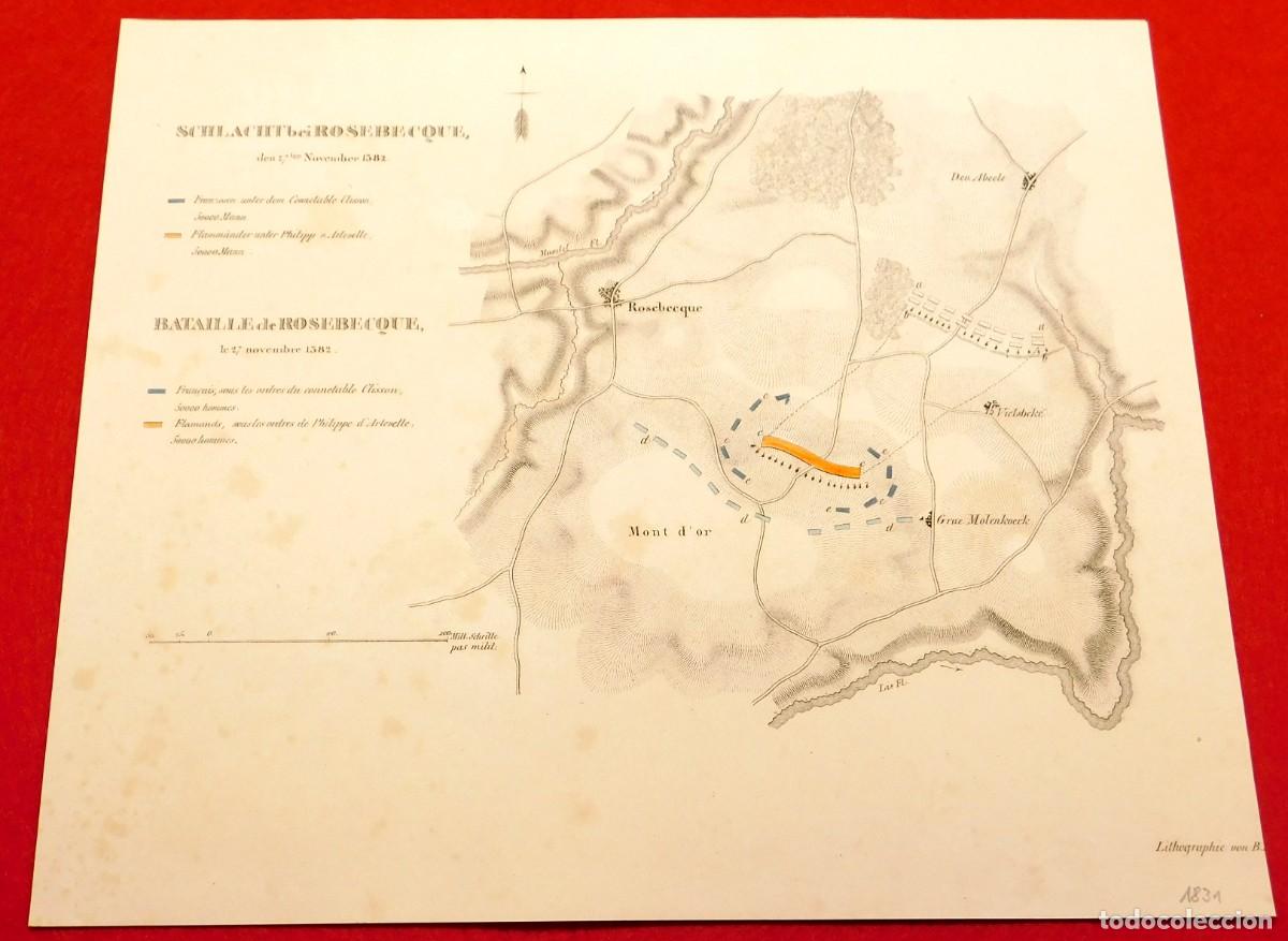 Arte: A&ntilde;o 1831 Litograf&iacute;a original &ndash; Batalla de Roosebeke 1382 &ndash; Revuelta de Flandes - Coloreado a mano
