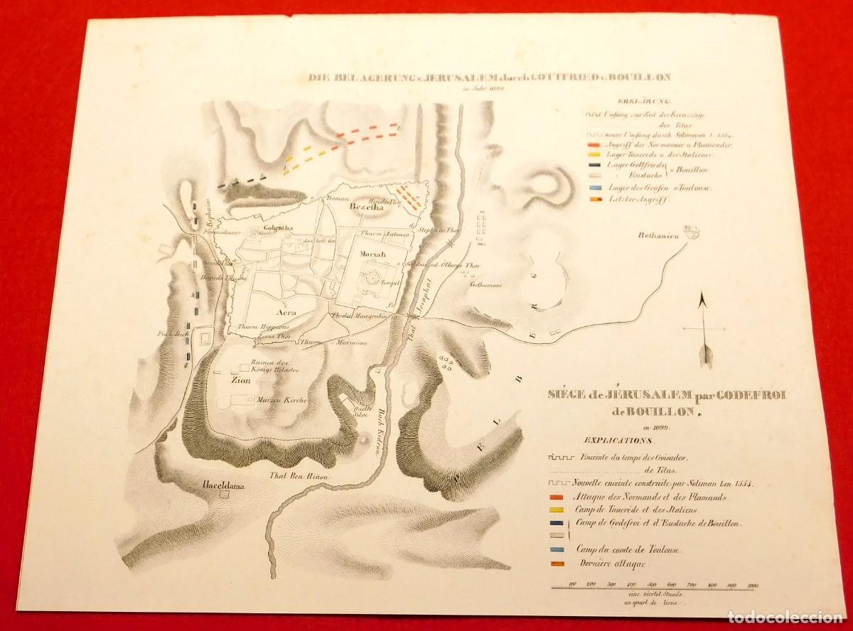 Arte: A&ntilde;o 1831 Litograf&iacute;a original &ndash; Sitio de Jerusal&eacute;n 1099 &ndash; Primera Cruzada - Coloreado a mano