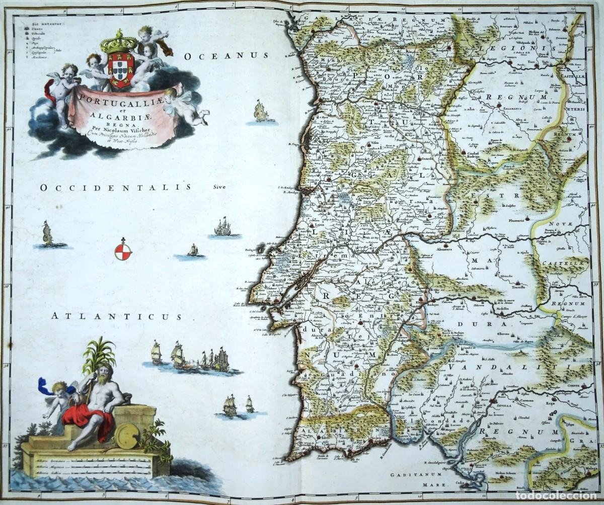 Arte: Portugal, mapa grande por N. Visscher, 1680, Portugalliea et Algarbiae