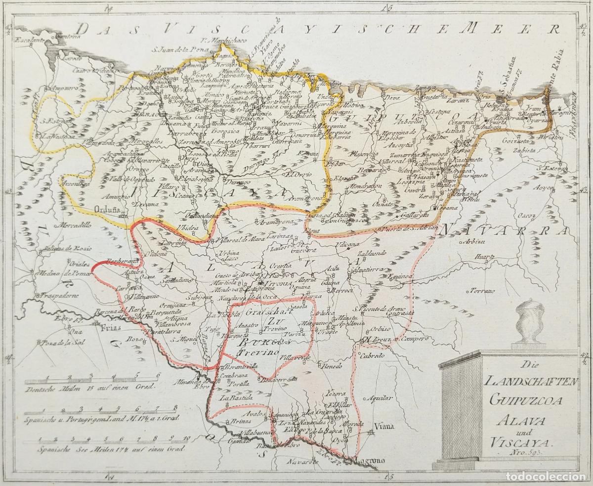 Arte: Mapa de Guip&uacute;zcoa, &Aacute;lava y Vizcaya: Die Landschaften Guipuzcoa, Alava und Viscaya - Reilly, Franz Jo