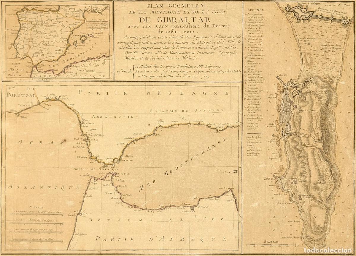 Arte: Plano de Gibraltar: Plan g&eacute;ometral de la montagne et de la ville de Gibraltar - Bonne, Rigobert