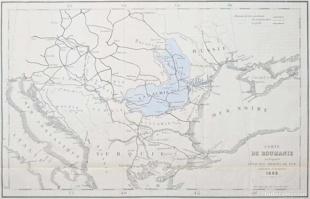 Arte: Mapa de Ruman&iacute;a con ferrocarriles: Carte de Roumanie indiquant l'Etat des chemins de fer - Minist&egrave;re